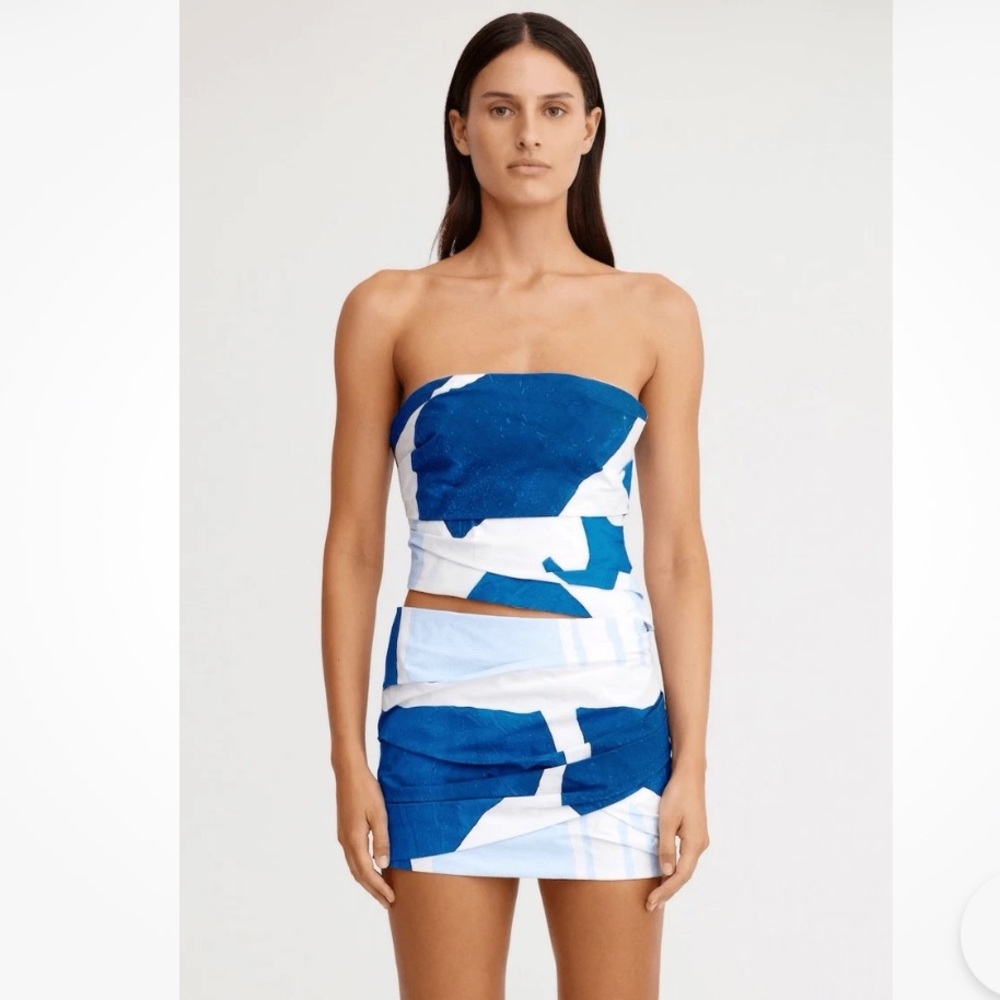 Blue and White Strapless Crop Top and Matching Skirt Set